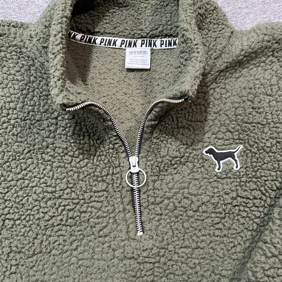 Victorias Secret PINK Olive Green Sherpa 1/4 Zip Pullover Jacket Sz Large - Picture 7 of 10